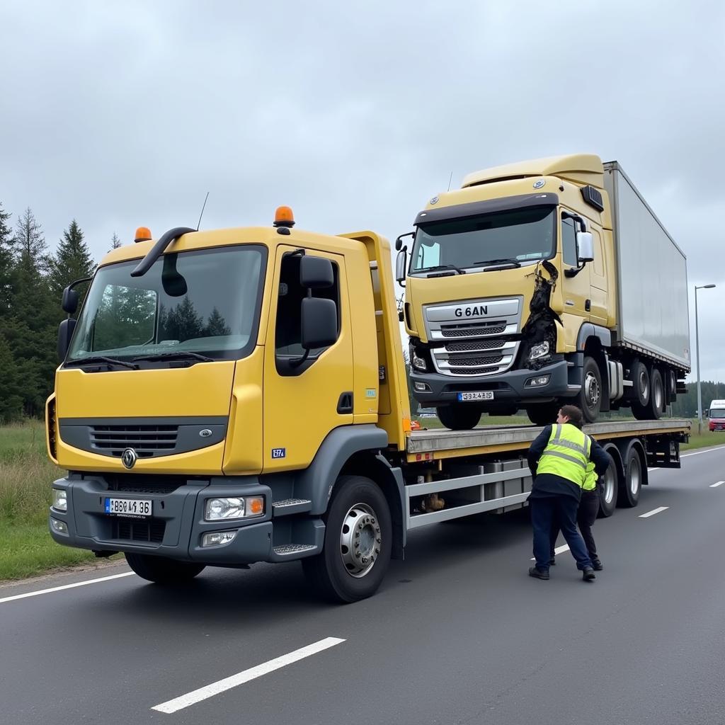 Bergung eines LKWs nach Unfall auf der A6