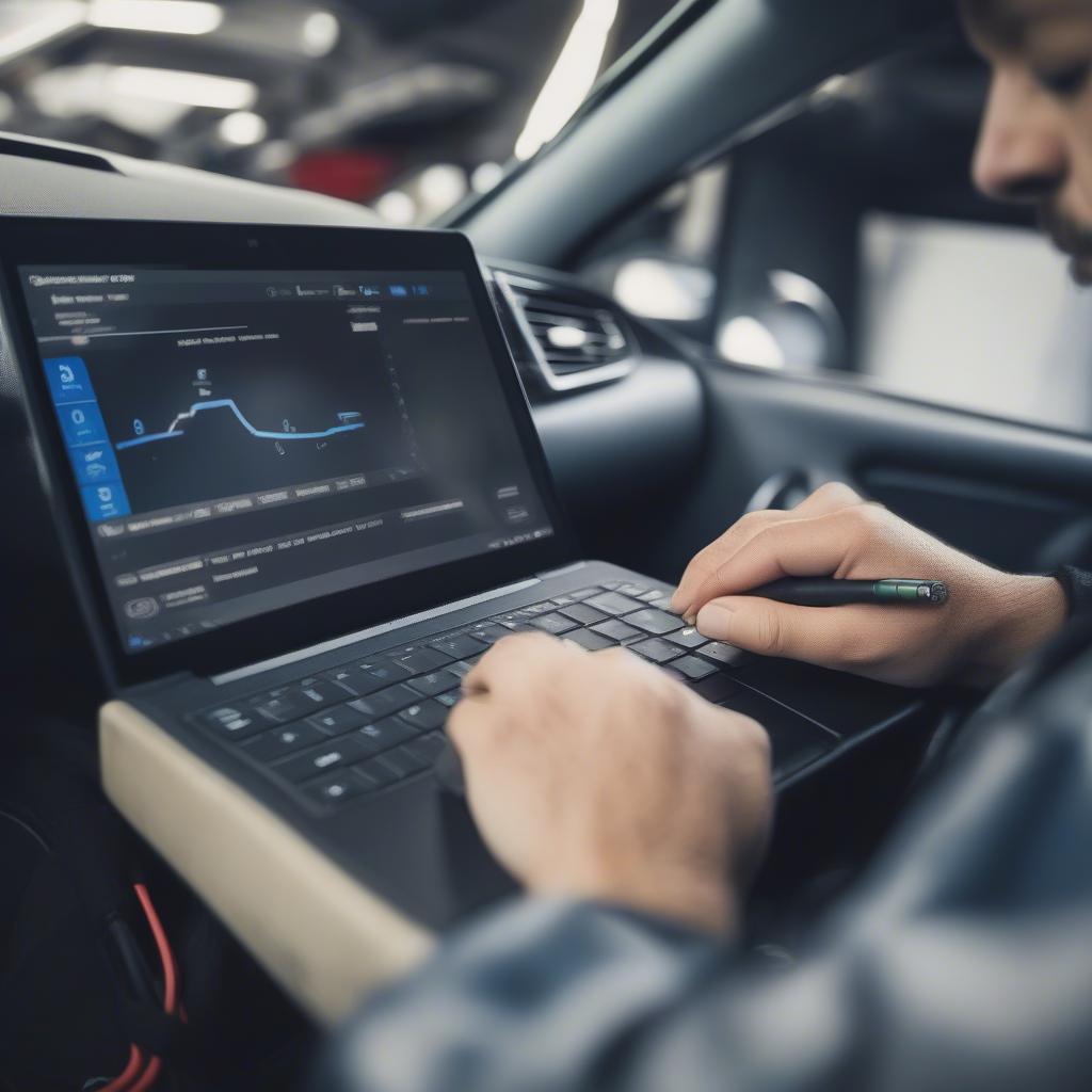 Moderne Fahrzeugdiagnose mit Laptop und Diagnosegerät