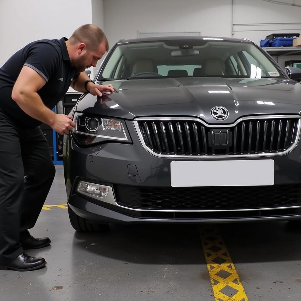 Einbau einer Anhängerkupplung an einem Skoda Superb in einer Werkstatt