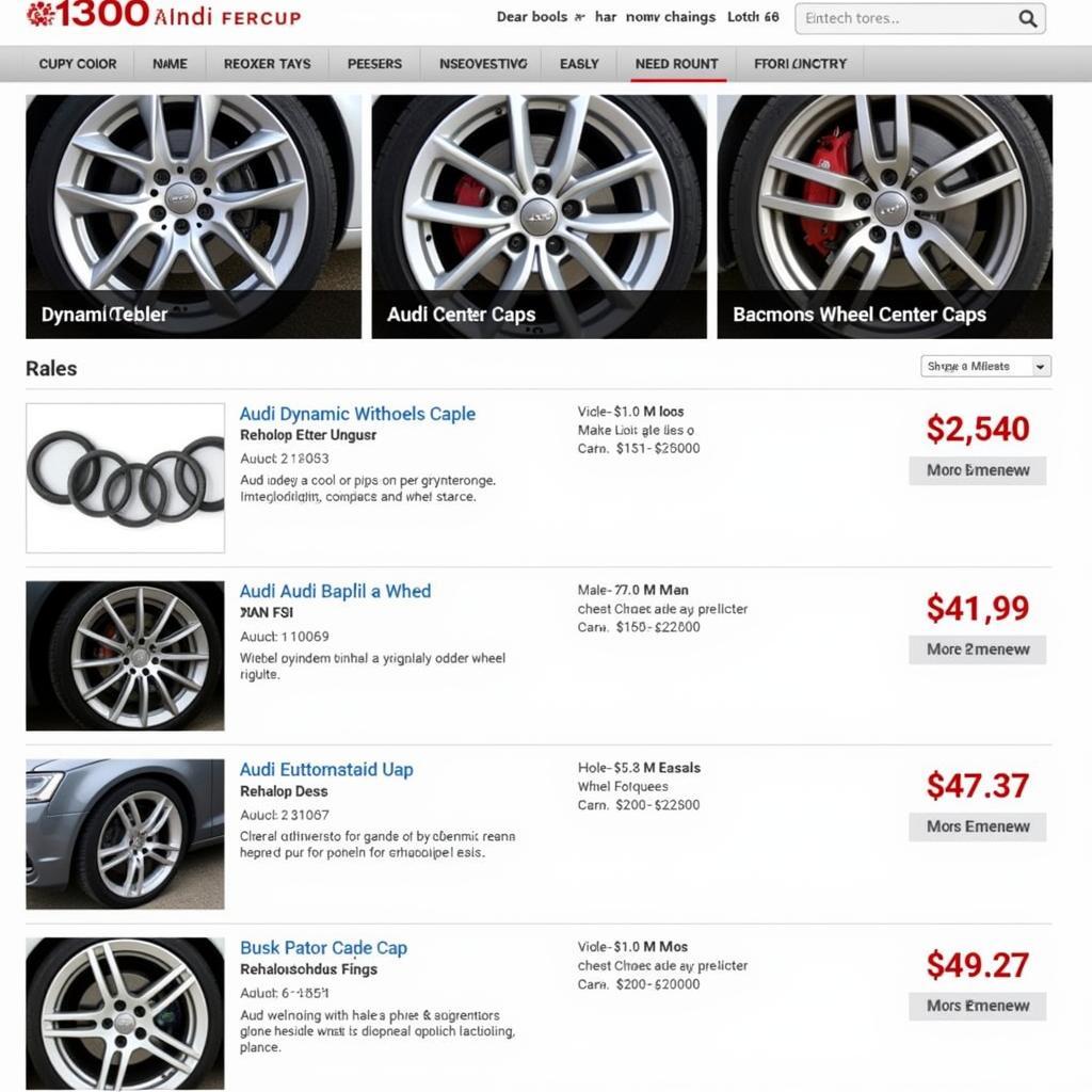 Screenshot eines Online-Shops, der Audi dynamische Nabenkappen verkauft.