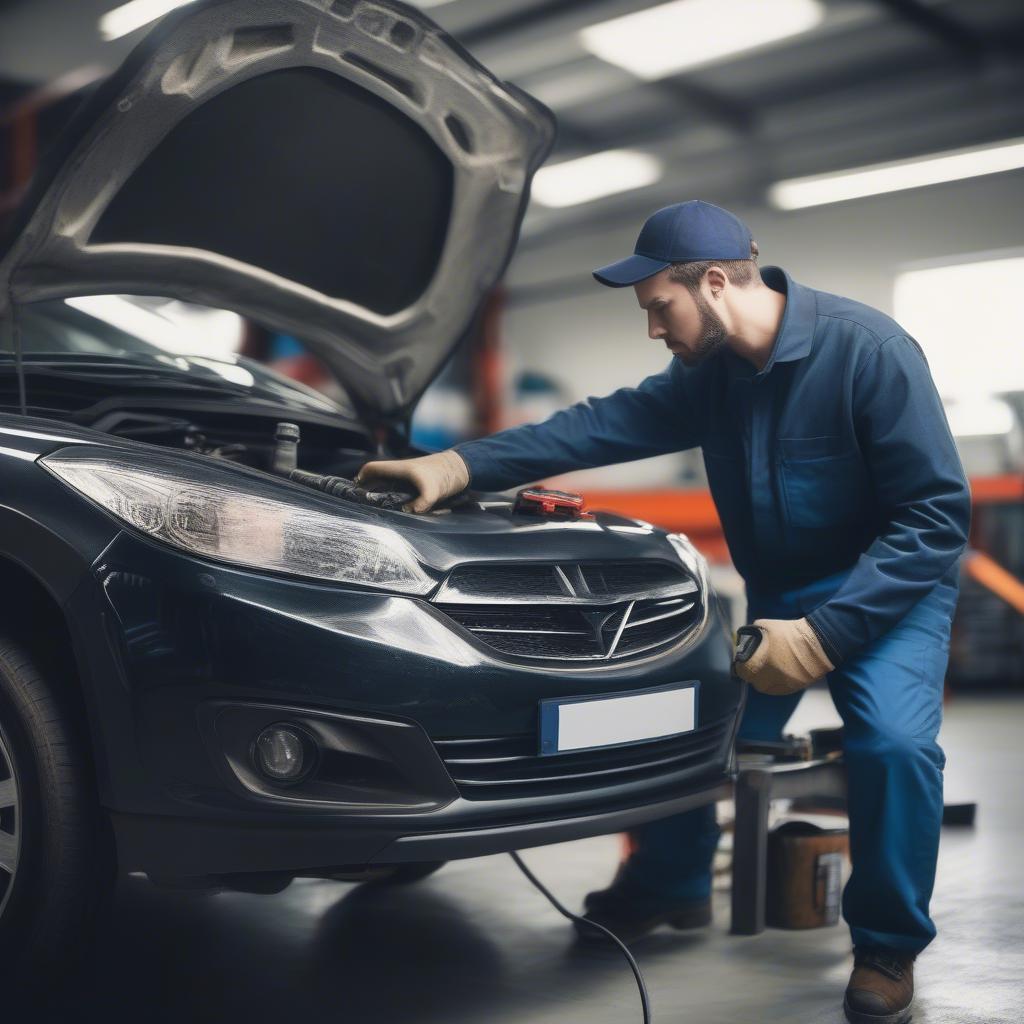 Mechaniker in der Werkstatt mit Diagnosegerät an einem Auto