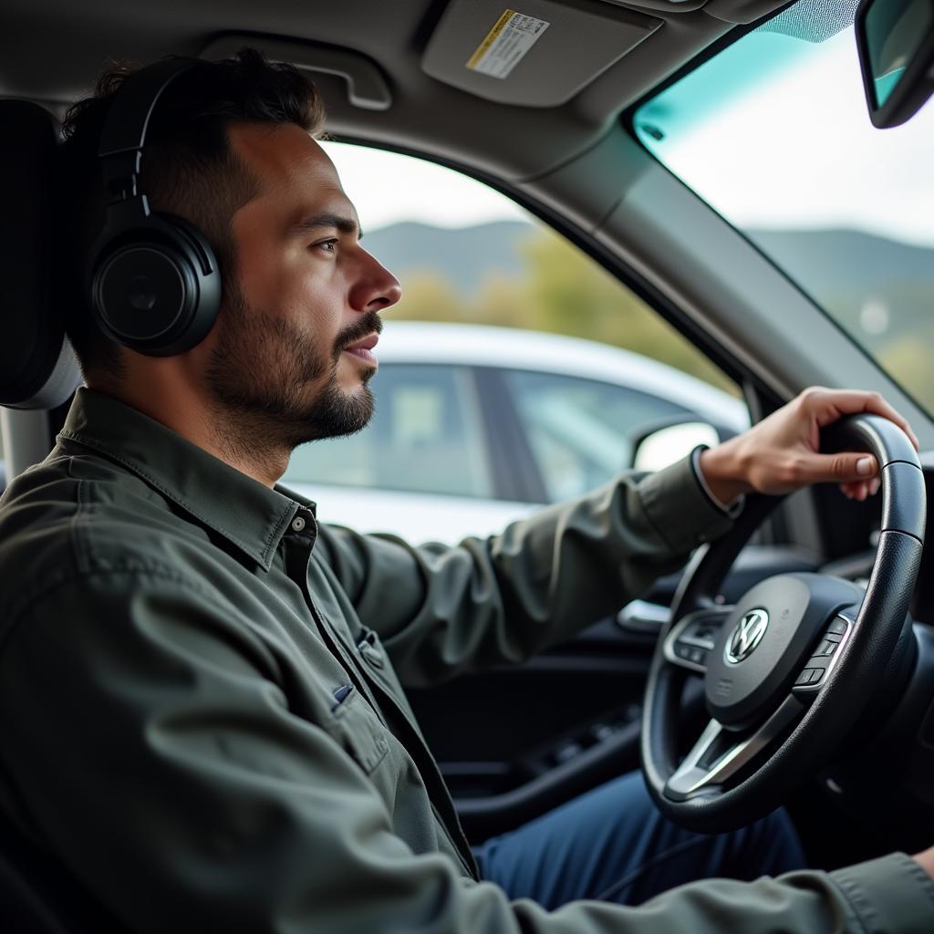 Ein Fahrer entspannt sich im Stau, indem er Musik hört.