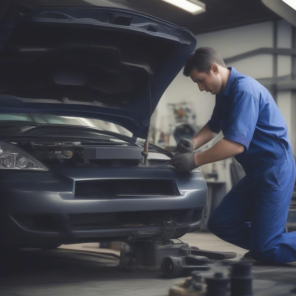 Ein Mechaniker arbeitet an den Bremsen eines Autos in einer Werkstatt.