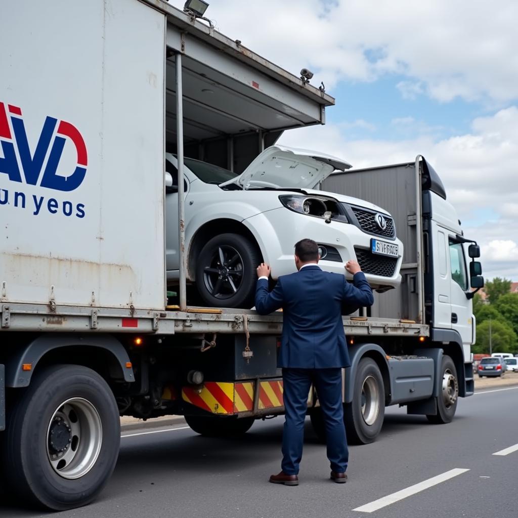 AVD HELP Plus Fahrzeugrückholung: Transporter lädt beschädigtes Auto auf.