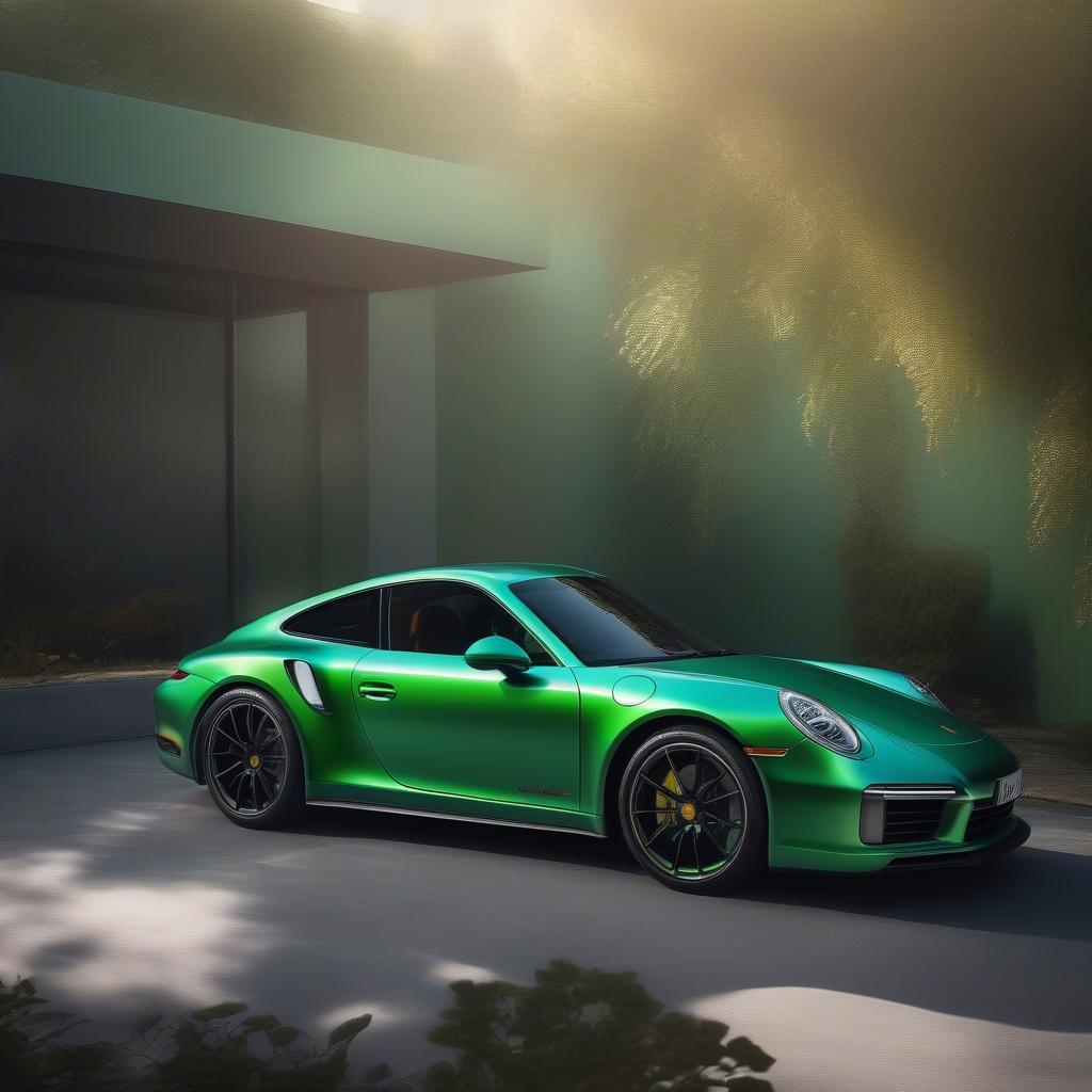 Aventurin Green Porsche 911 showcasing its shimmering paint in sunlight.