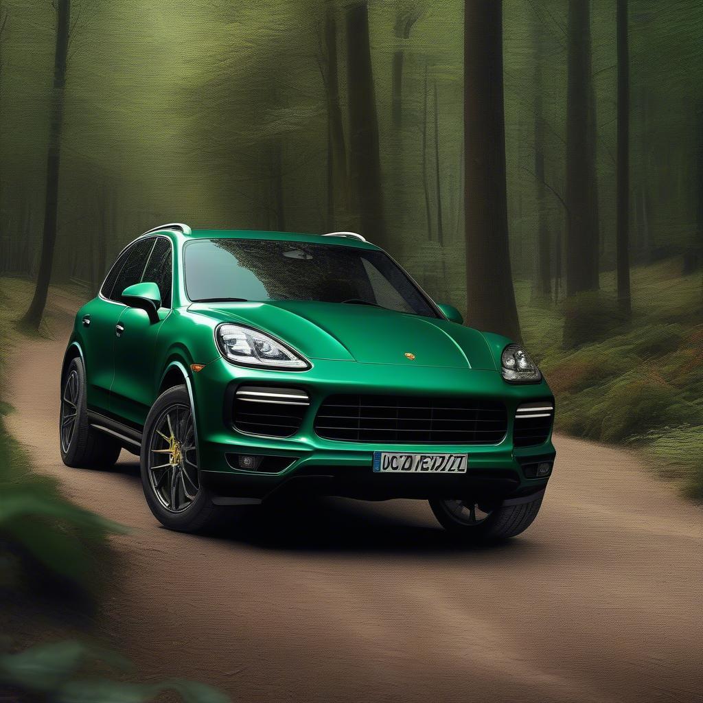 Aventurin Green Porsche Cayenne parked in a forest, demonstrating the color's harmony with nature.