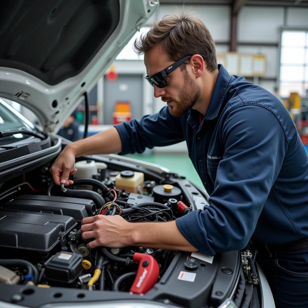 Reparatur im Bus OK Shop