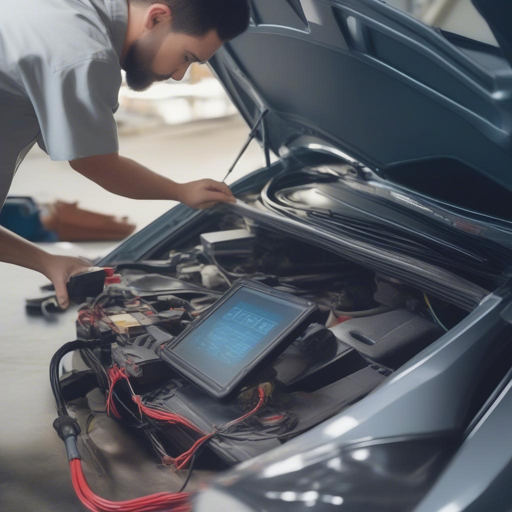 Mechaniker verwendet Diagnose-Interface mit Computer