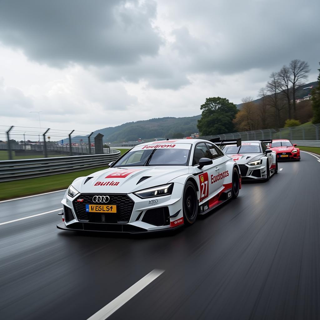 Audi RS5 DTM Wallpaper - Ein dynamisches Bild eines Audi RS5 DTM Rennwagens in voller Fahrt.