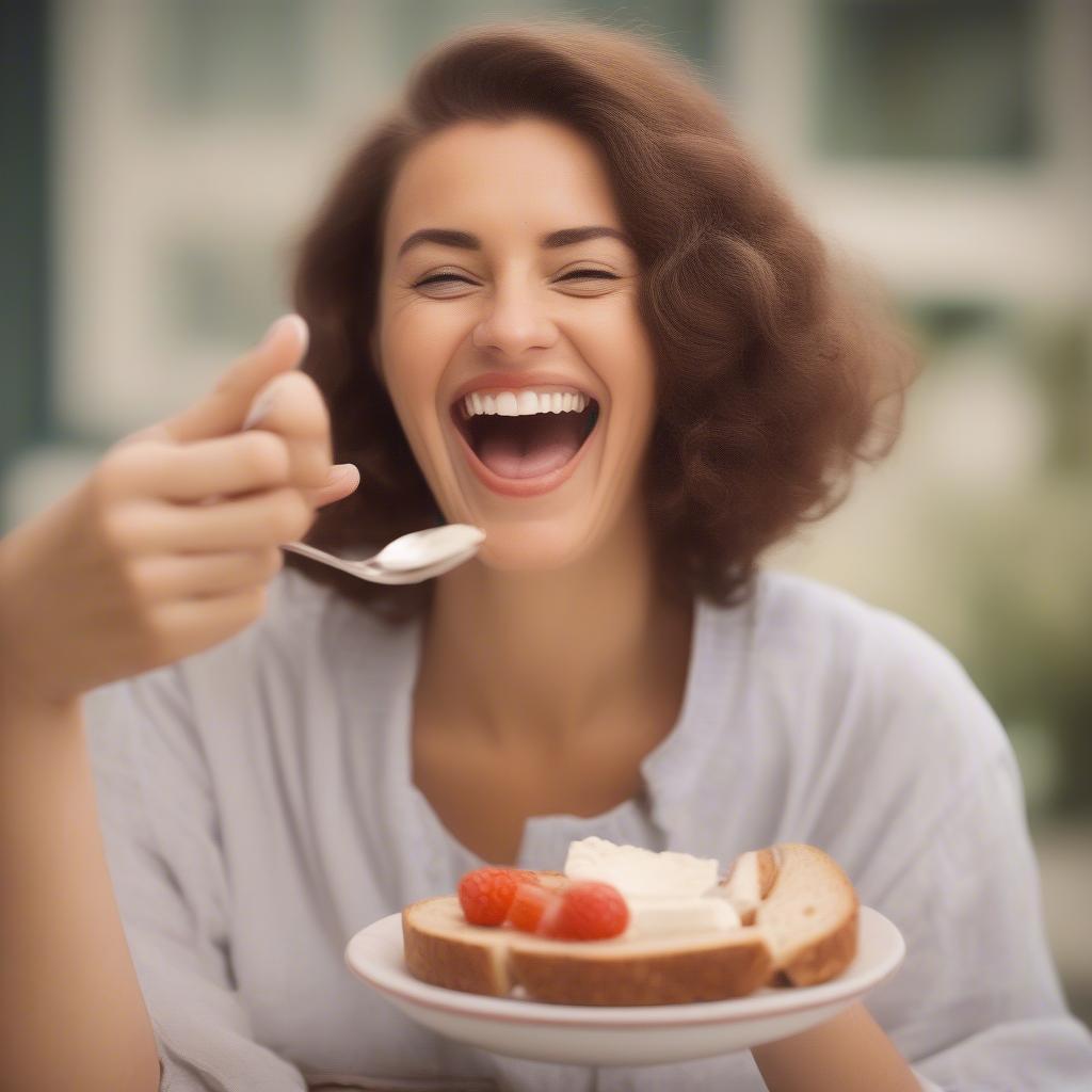 Frau genießt Erdbeerkäse.