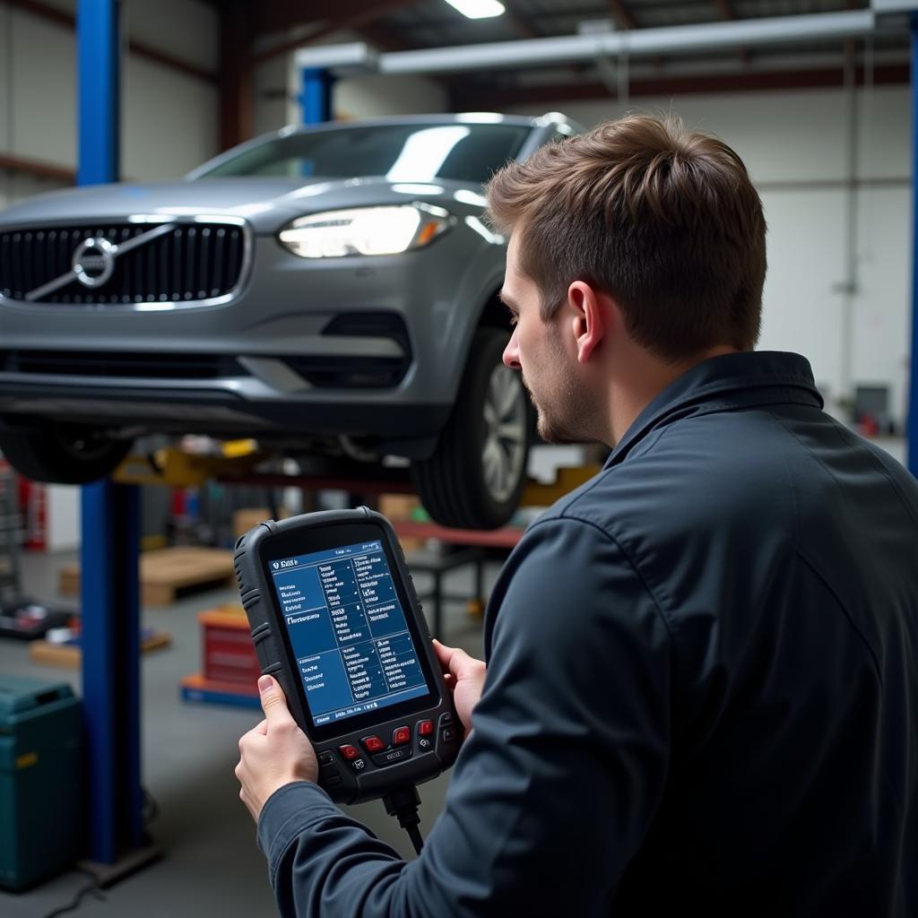 Fehlerdiagnose im Auto: Werkstatt-Szene mit Mechaniker und Diagnosegerät