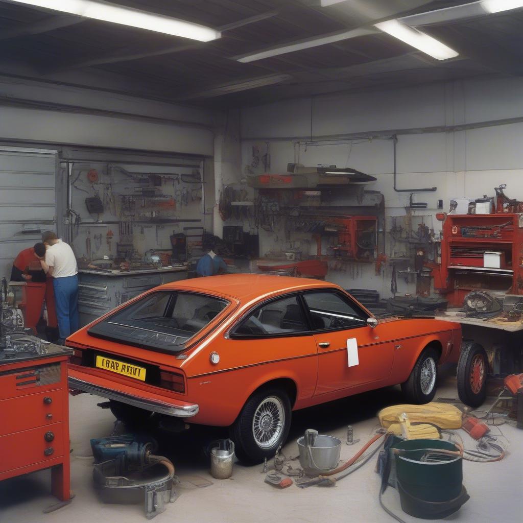 Ein Ford Capri 3 Liter RS wird in einer Werkstatt gewartet.