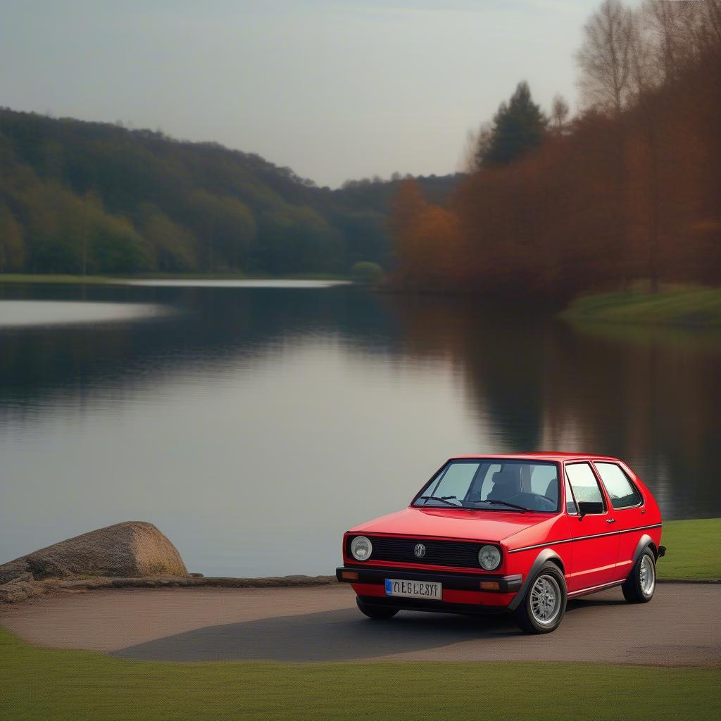 Ein roter Golf 1, malerisch geparkt am Ufer eines Sees.