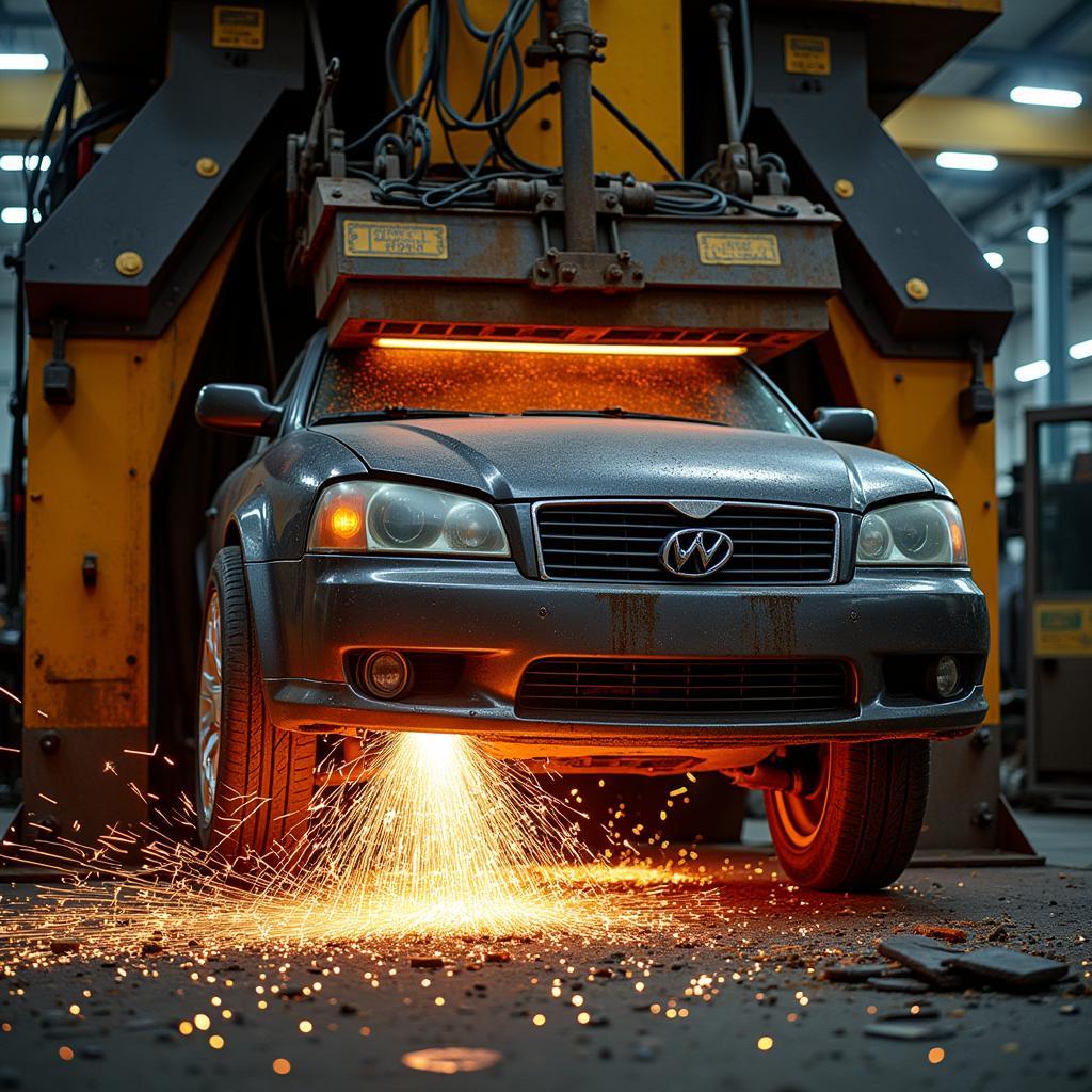 Hydraulische Schrottpresse für Autos im Einsatz