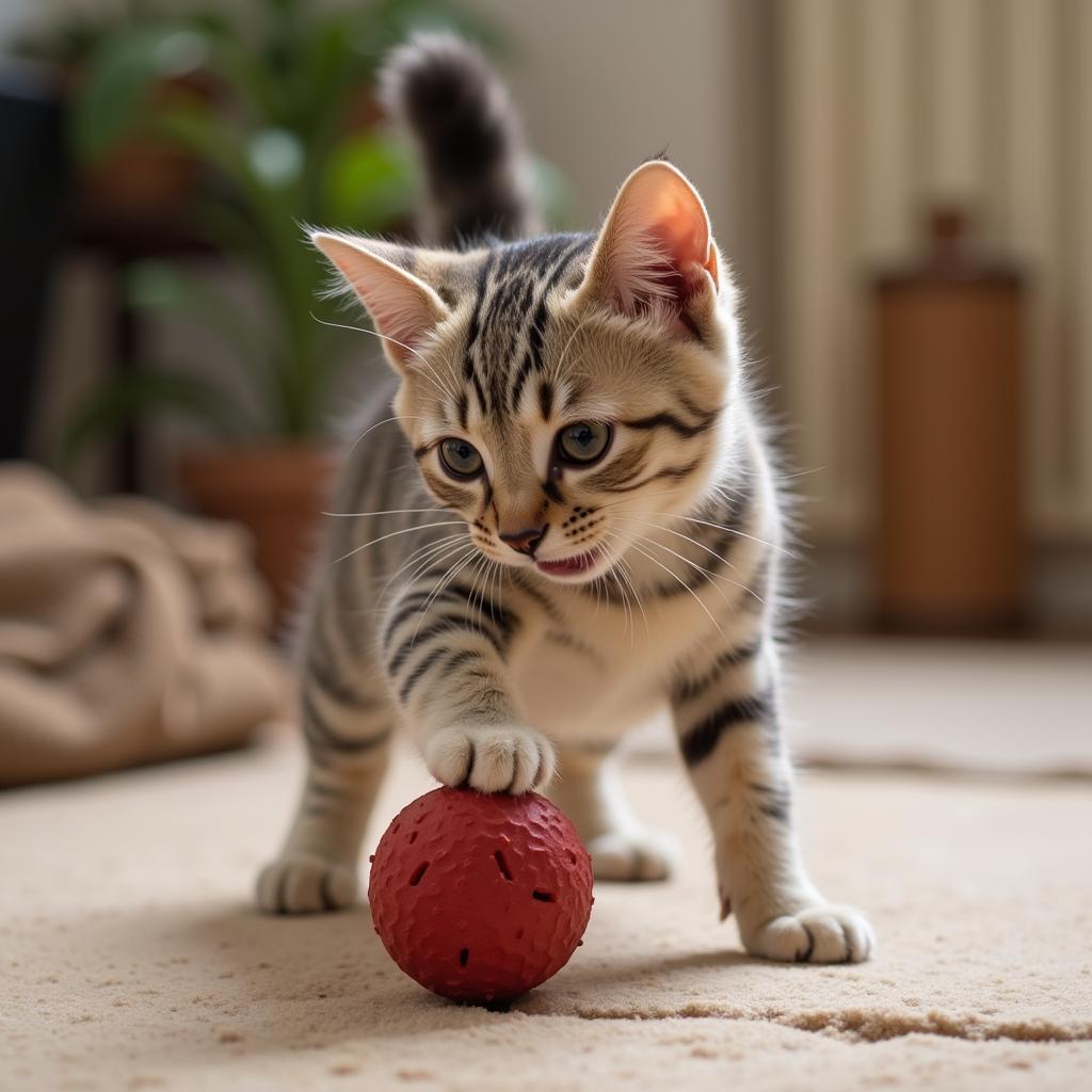 Katze quietscht beim Spielen mit einem Spielzeug.