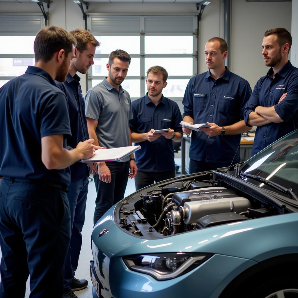 Kfz-Mechaniker in einer Fortbildung zum Thema Elektromobilität in Düsseldorf