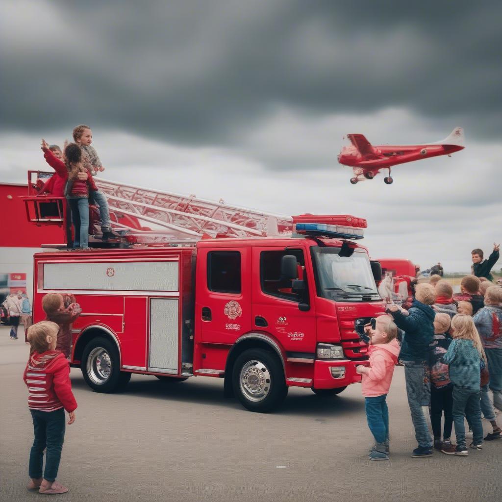 Kinder bestaunen die Flughafenfeuerwehr am Flughafen Paderborn.