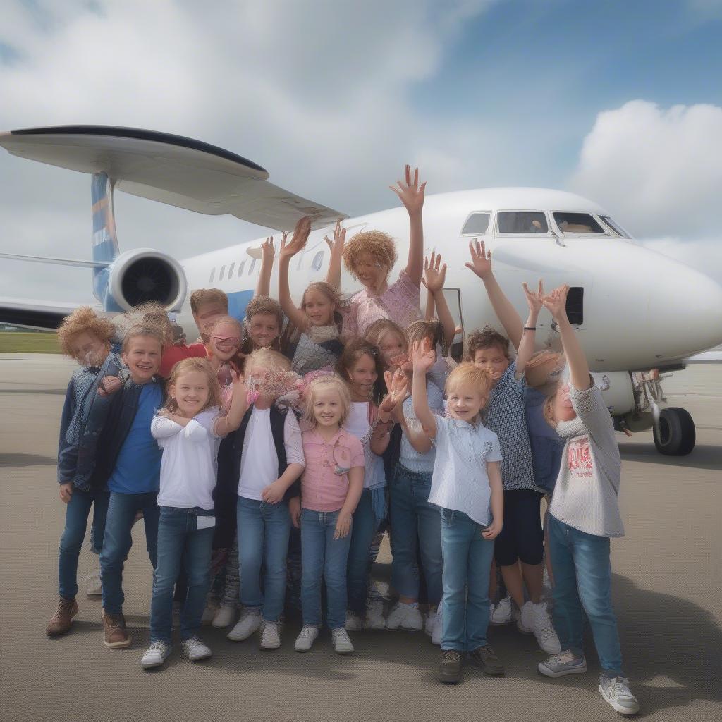 Kinder posieren für ein Foto vor einem Flugzeug am Flughafen Paderborn.