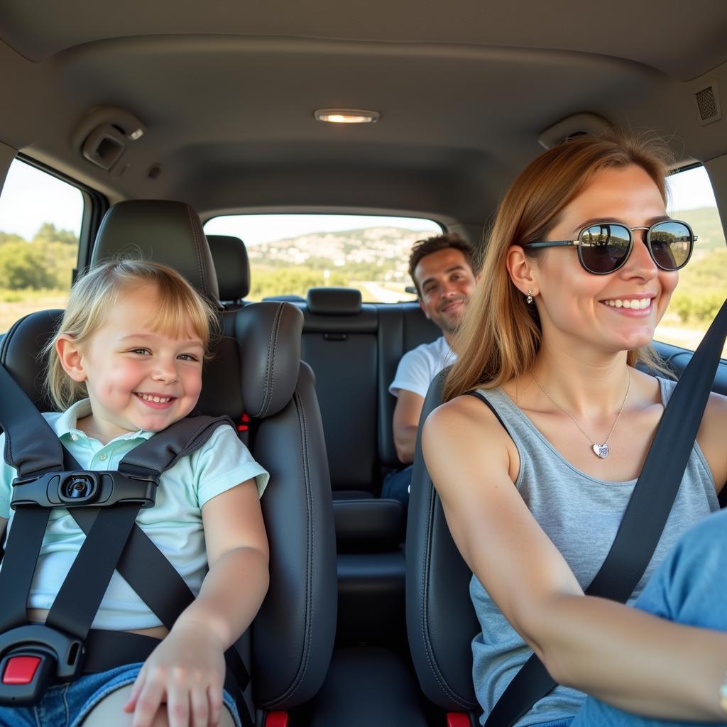 Eine Familie genießt ihren Urlaub auf Mallorca in einem Mietwagen mit Kindersitz.