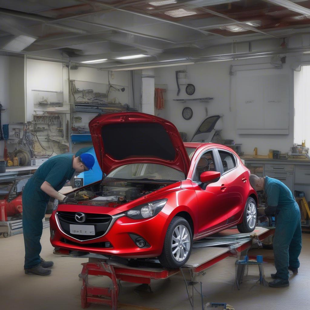 Reparatur eines Mazda 2 2011 in einer Werkstatt