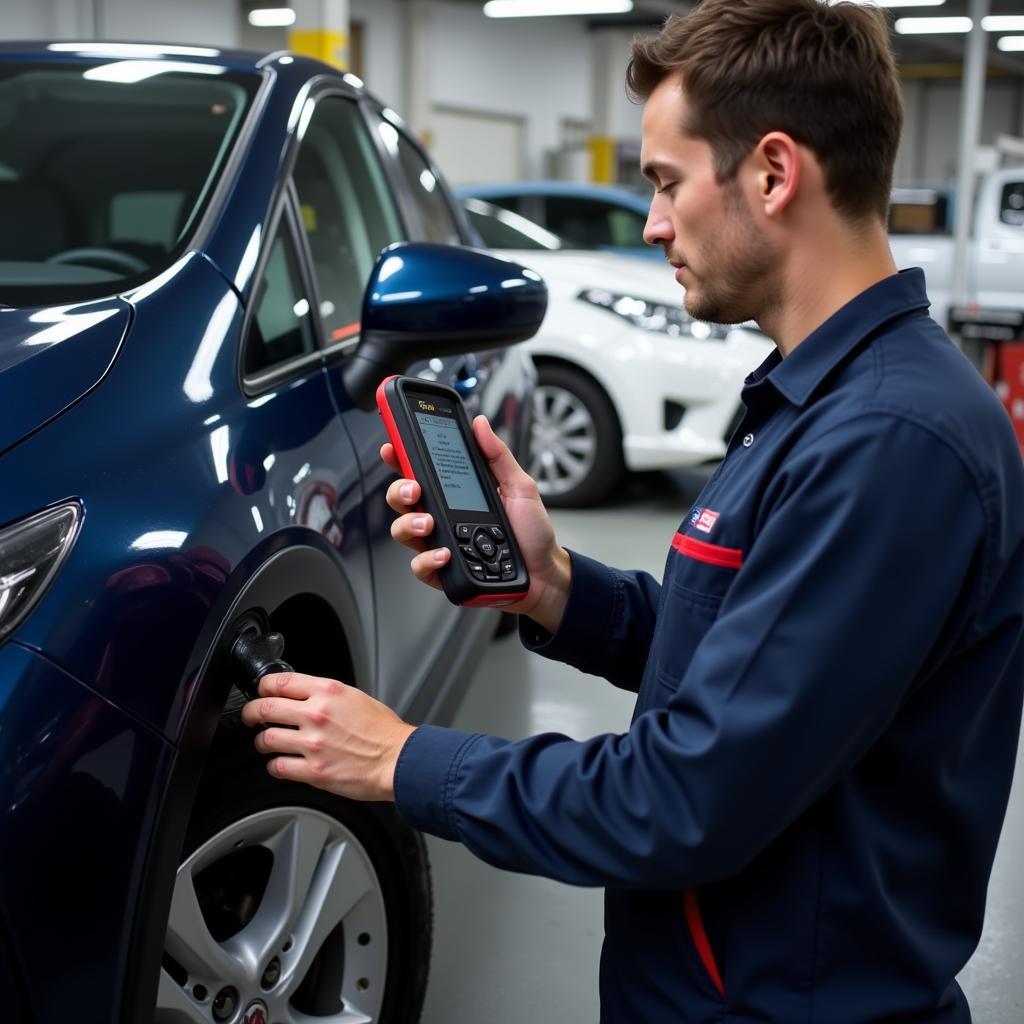 Mechaniker mit Diagnosegerät am Auto