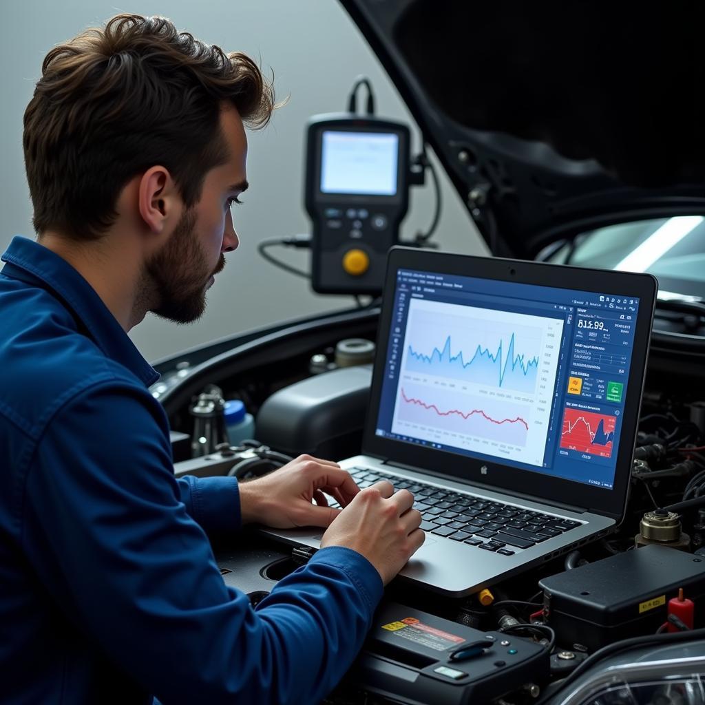 Mechaniker arbeitet am Laptop