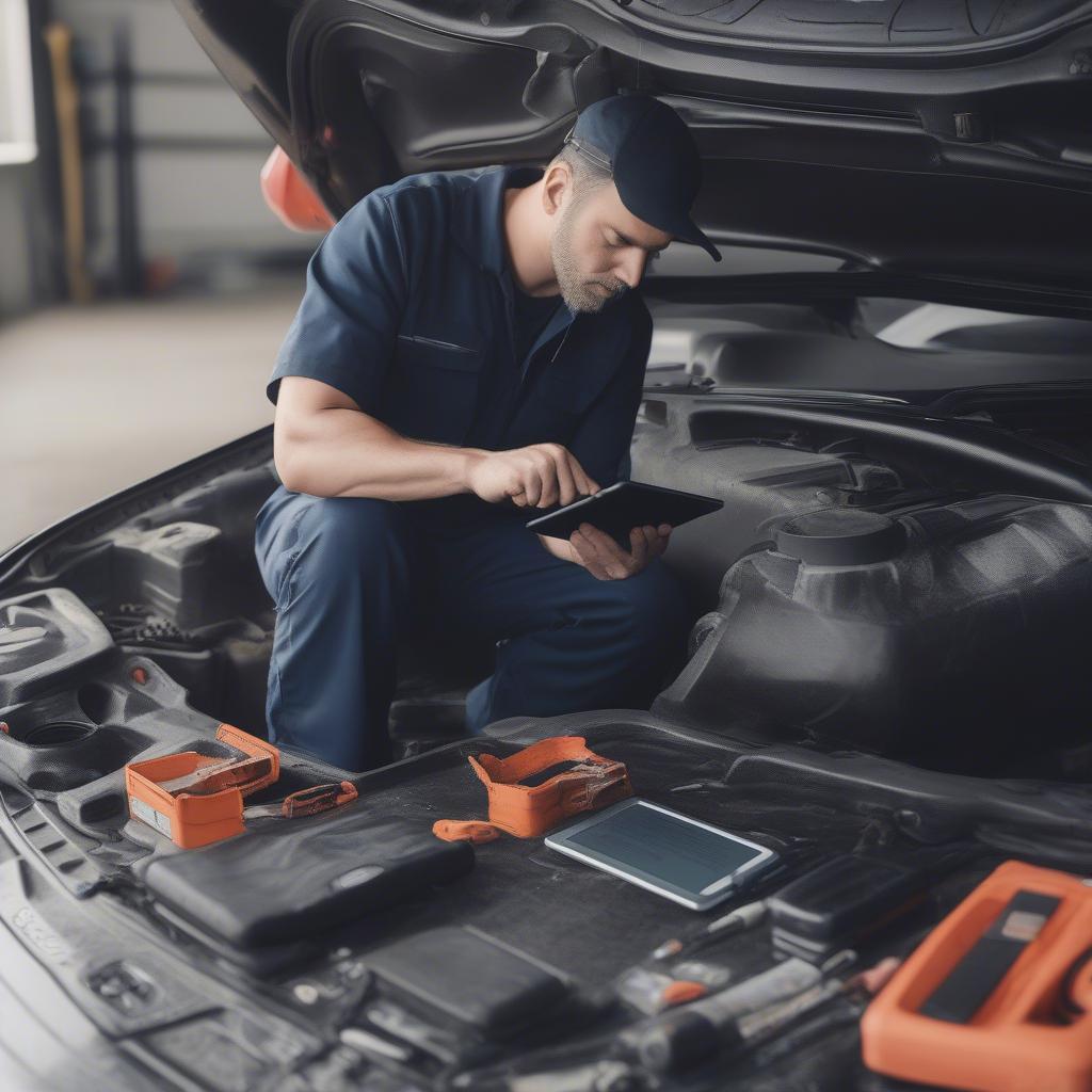 Mechaniker arbeitet mit Tablet an einem Auto