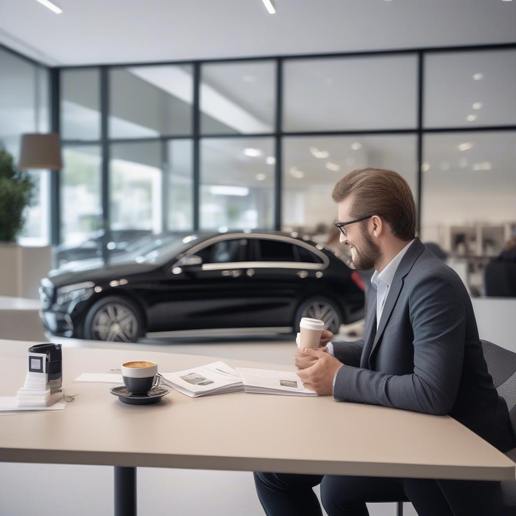 Kundenberater im Gespräch mit einem Kunden in einem Mercedes Autohaus Riess, Broschüren und ein Modellfahrzeug liegen auf dem Tisch.