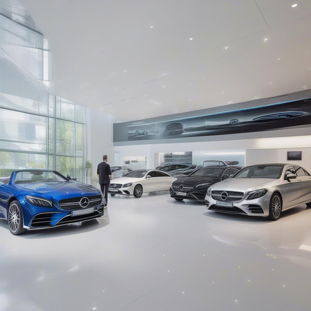 Moderner Showroom eines Mercedes Autohaus Riess mit verschiedenen Mercedes-Benz Modellen.