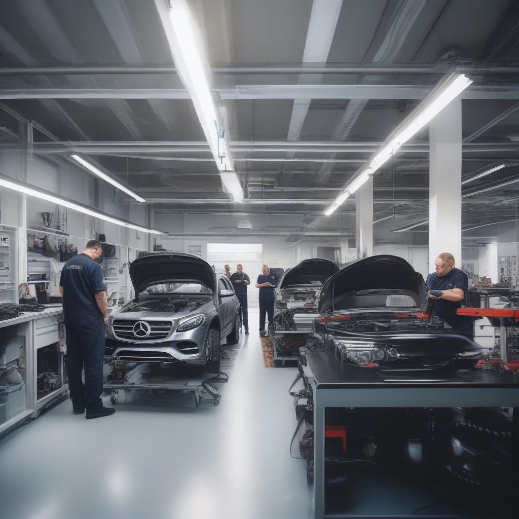 Blick in die moderne Werkstatt eines Mercedes Autohaus Riess mit Mechanikern, die an einem Fahrzeug arbeiten.