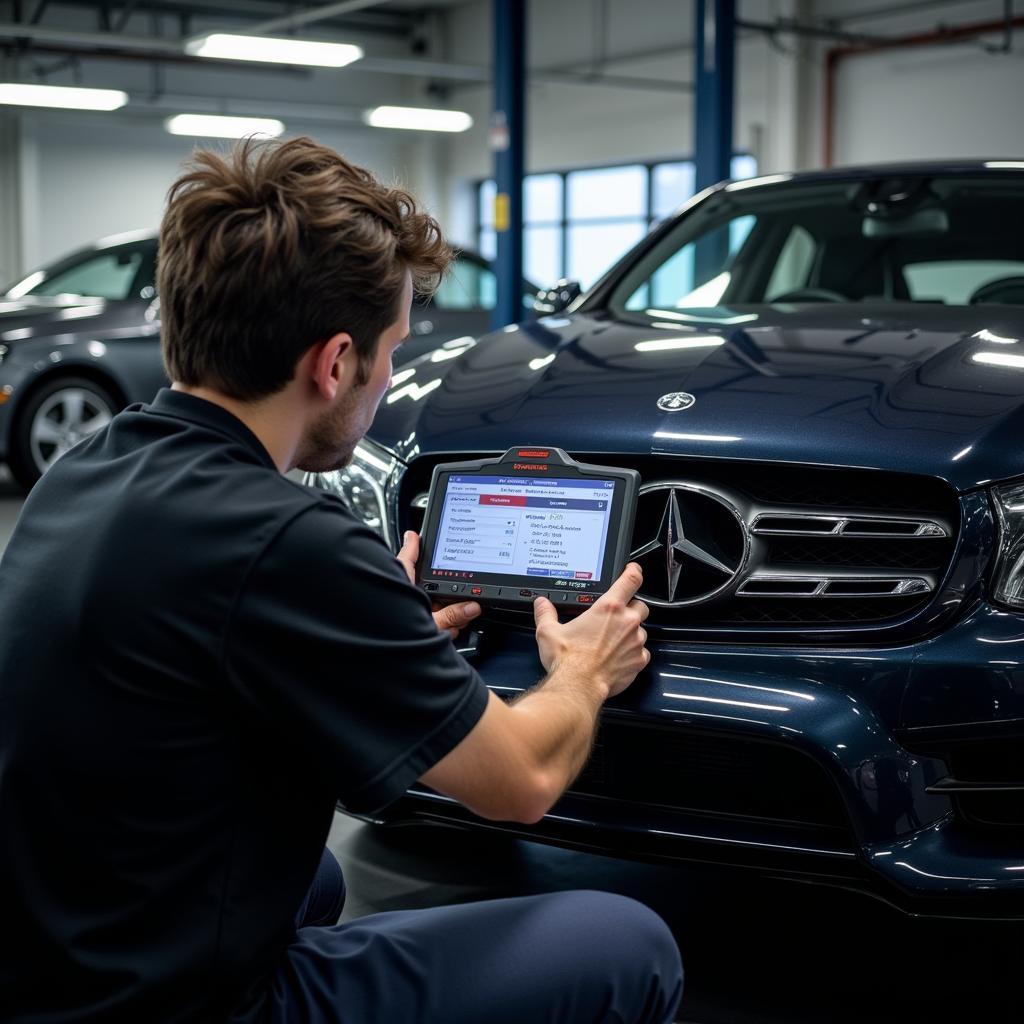 Techniker führt eine Diagnose an einem Mercedes in Gescher durch, mithilfe eines modernen Diagnosegeräts.