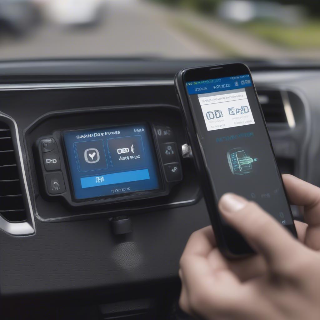 OBD2-Adapter verbunden mit einem Smartphone zur Fahrzeugdiagnose
