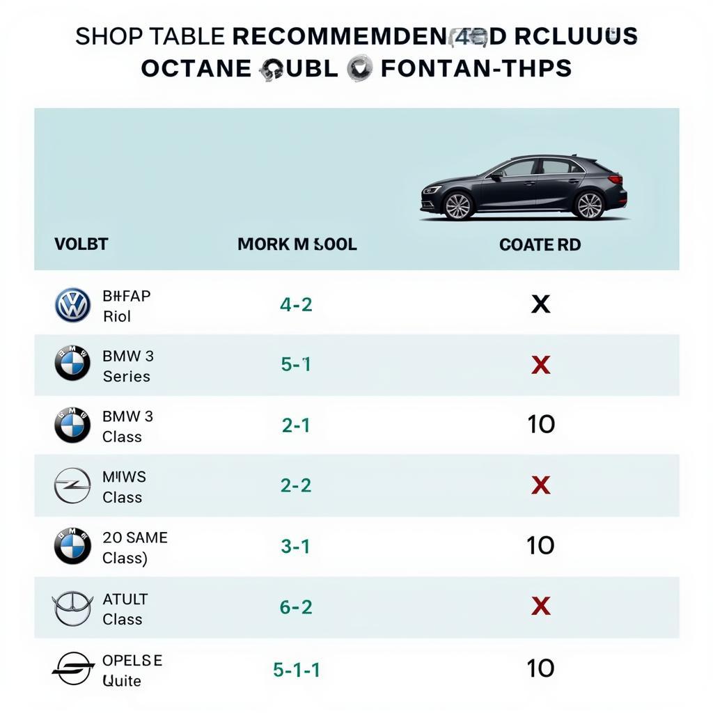 Oktanzahl Tabelle für verschiedene Fahrzeugmodelle