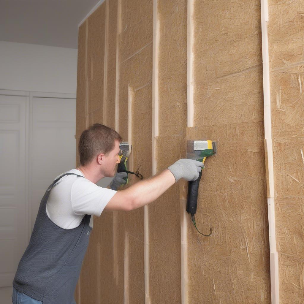 OSB Platten werden mit Leim an einer Wand befestigt