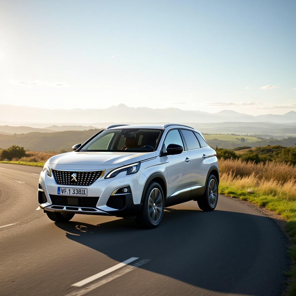 Peugeot 3008 GT Hybrid auf einer malerischen Landstraße.