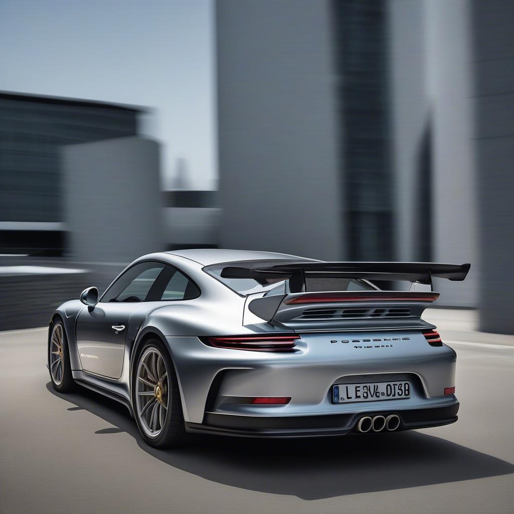 Porsche 991 GT3 Touring Heckansicht: Der ausfahrbare Spoiler des Porsche 991 GT3 Touring im eingefahrenen Zustand.  Die elegante Linienführung des Hecks wird durch den dezenten Spoiler betont.