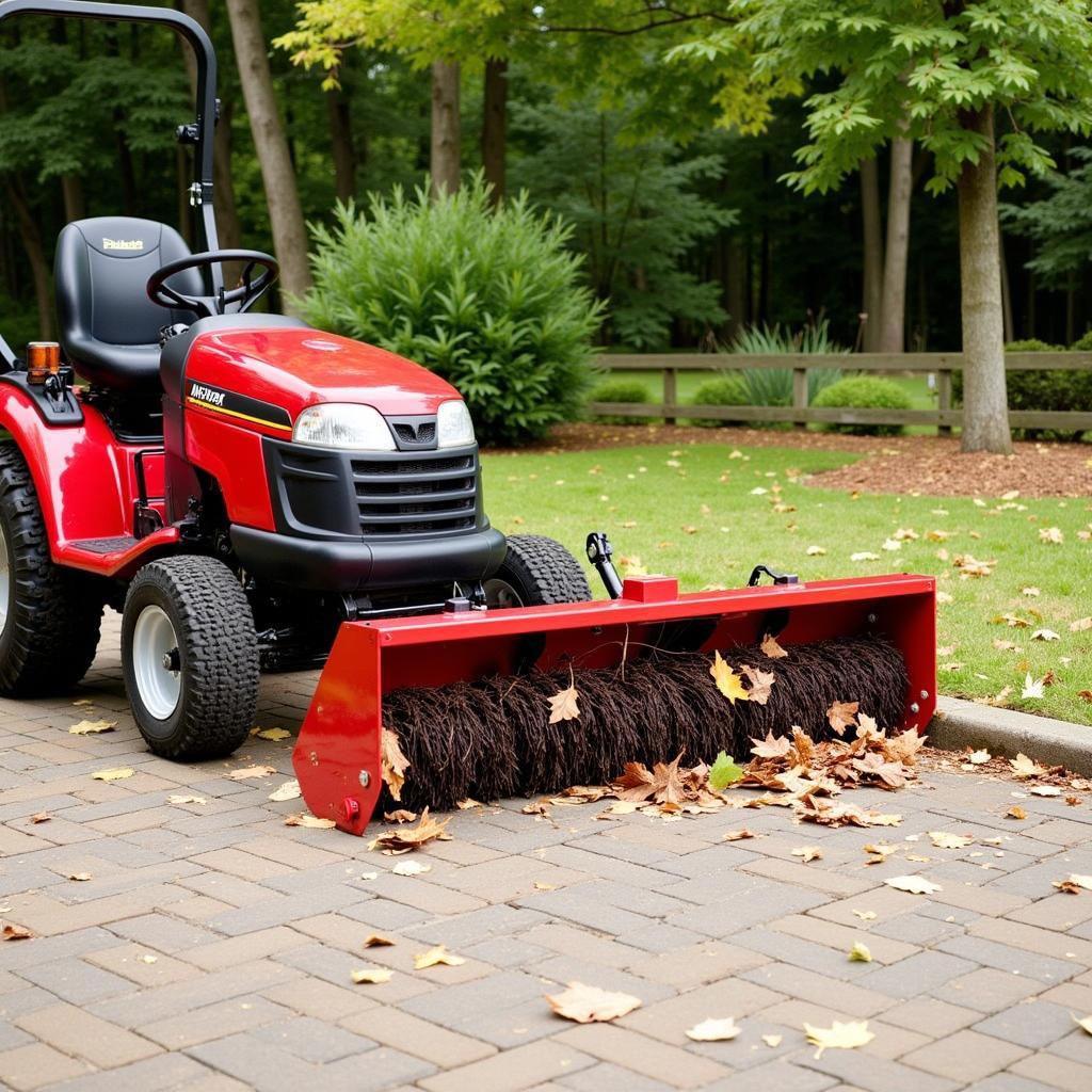 Rasentraktor mit Kehrbürste im Einsatz im Garten