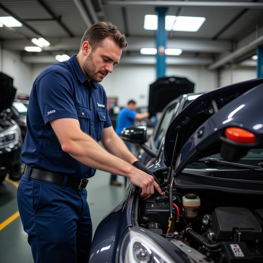 Regelmäßige Autowartung: Ölwechsel und Bremsbelagkontrolle in einer professionellen Werkstatt.