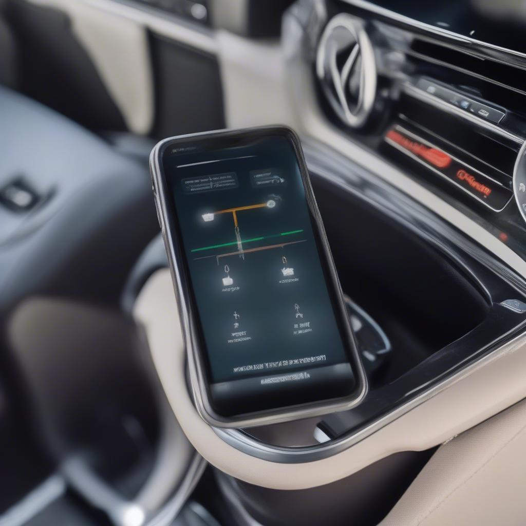 Smartphone verbunden mit dem OBD Stecker eines Mercedes-Benz