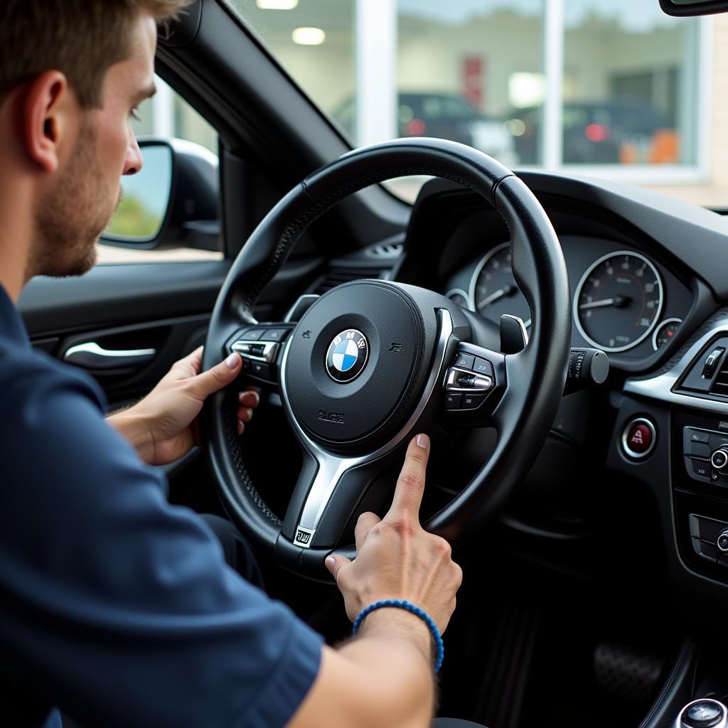 Mechaniker baut ein Sportlenkrad in einen BMW ein