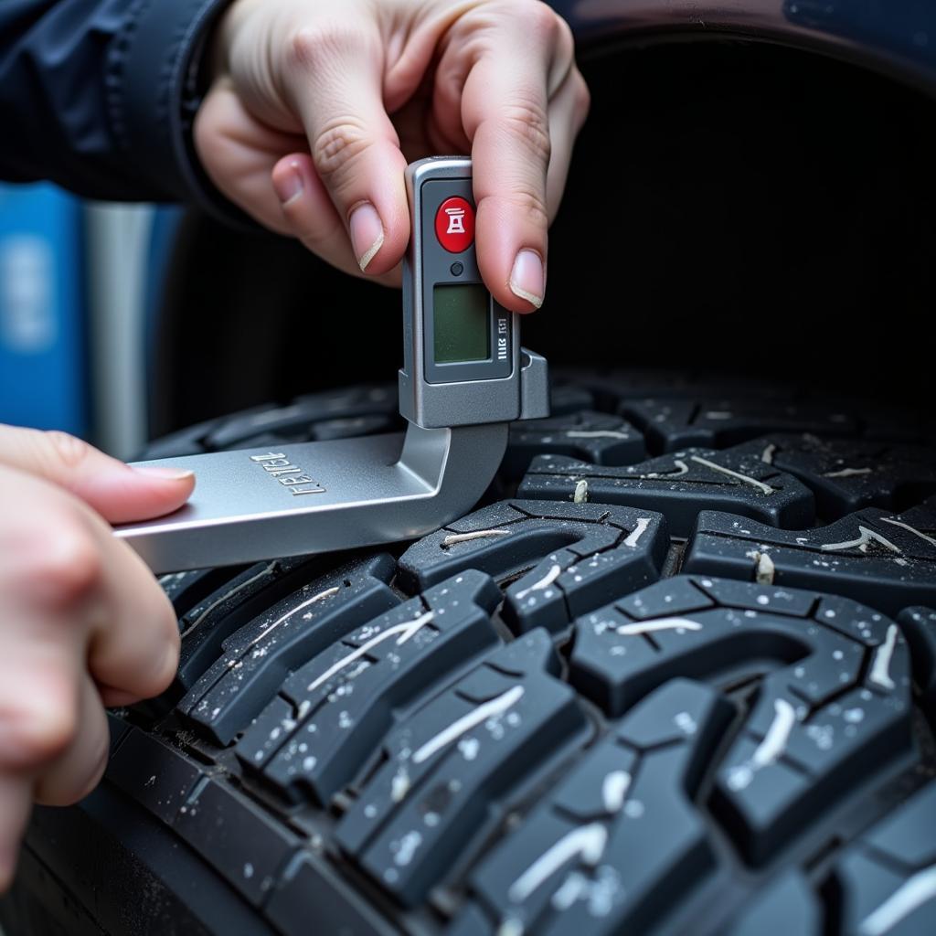 TÜV Prüfung Winterreifen: Ein Prüfer kontrolliert die Profiltiefe eines Winterreifens.