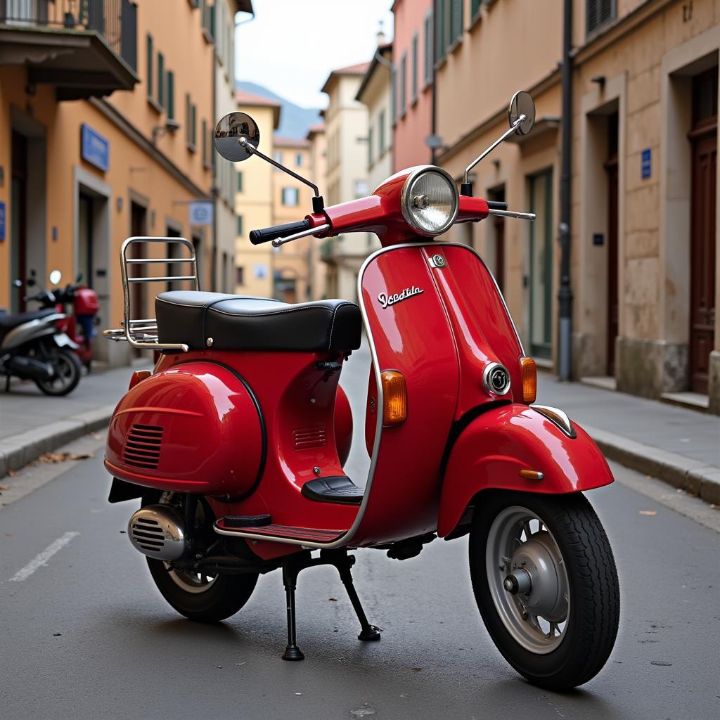 Klassischer Vespa 50er Roller in rot auf einer italienischen Straße.