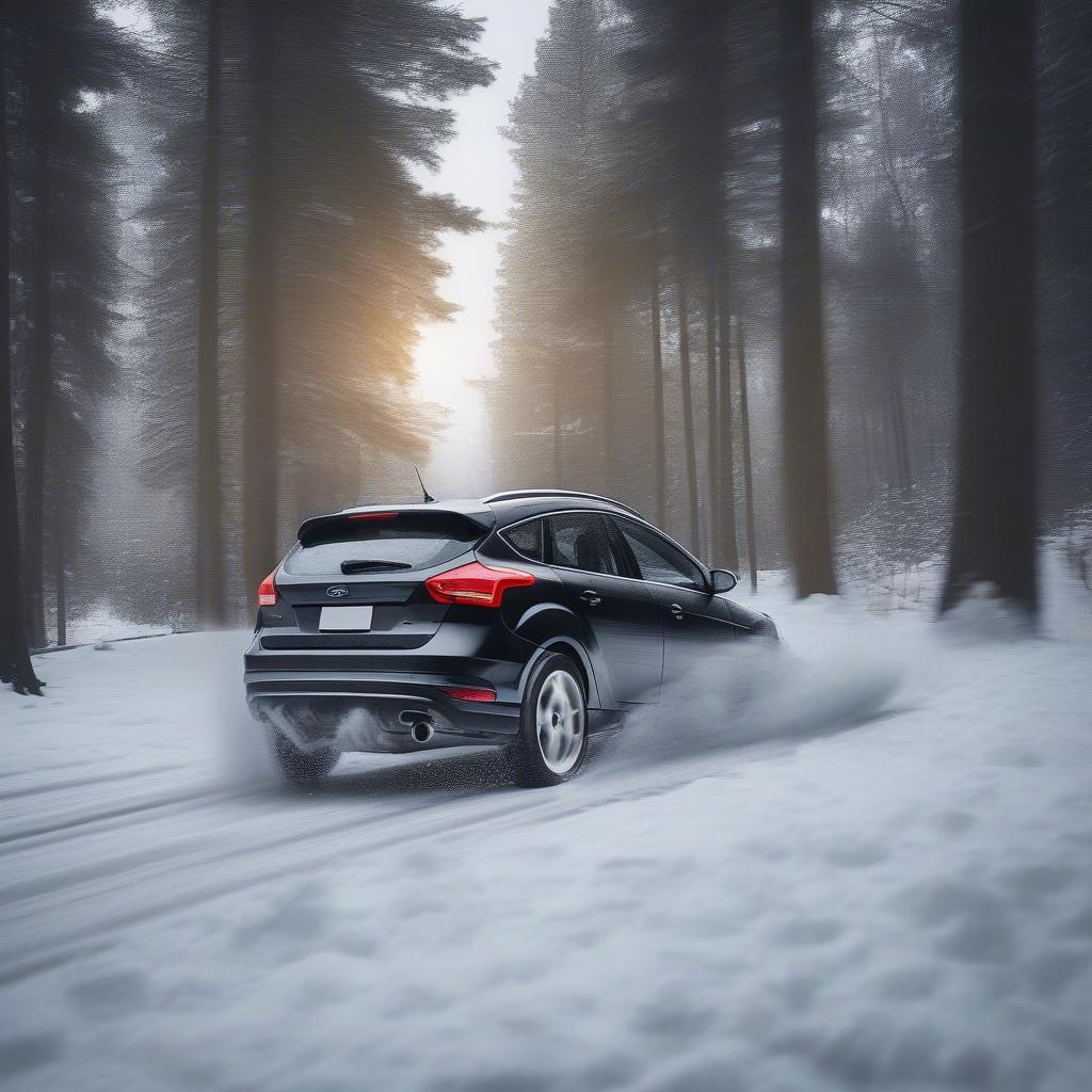 Winterauto fährt sicher durch verschneiten Wald