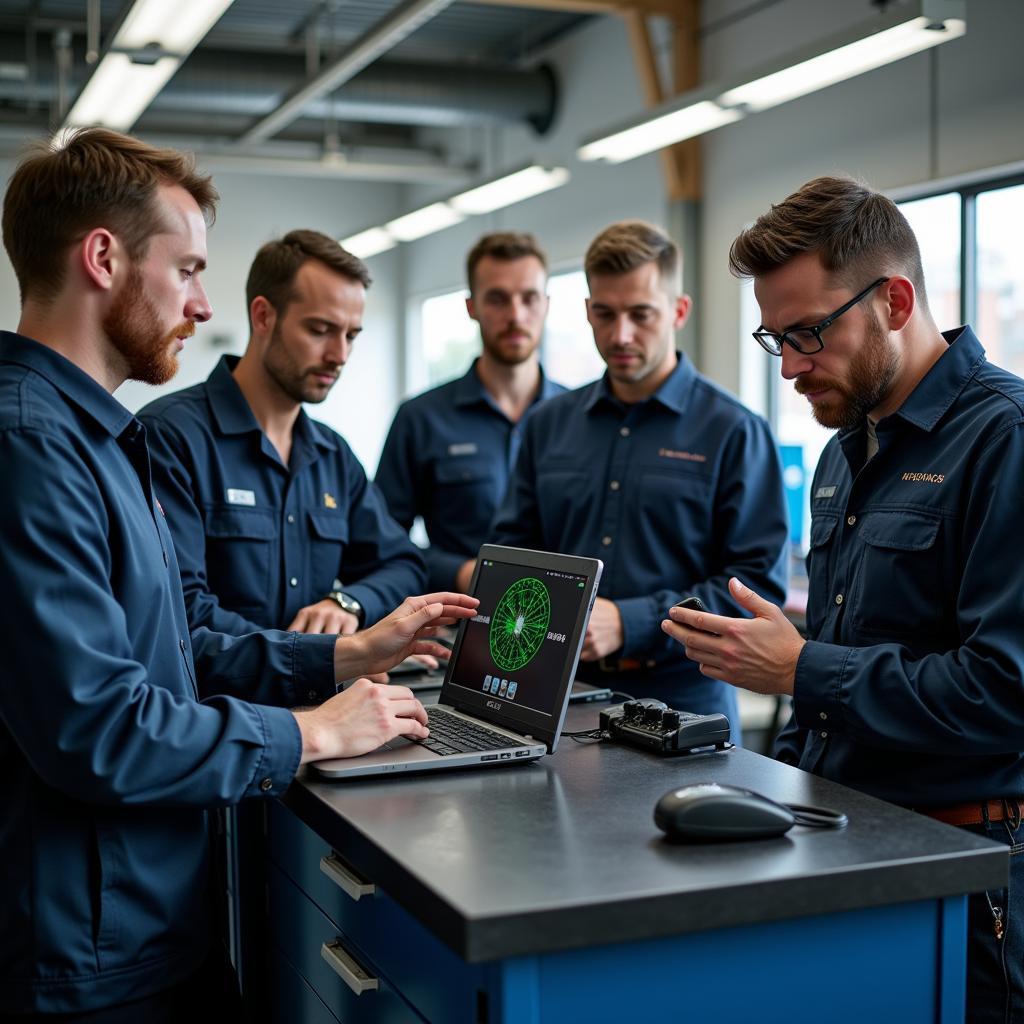 Mechaniker nehmen an einer Schulung für Diagnosegeräte in Fürth teil