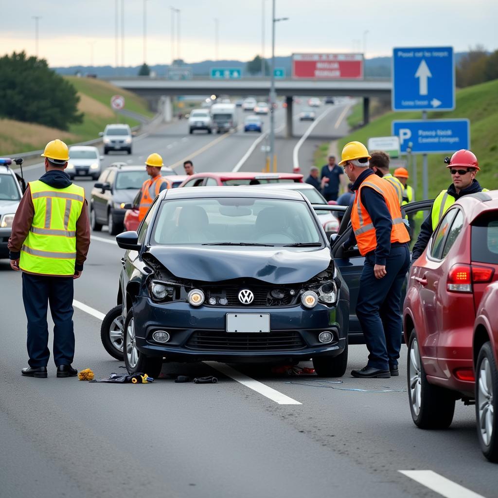 Sicherung der Unfallstelle nach einem Unfall auf der A5