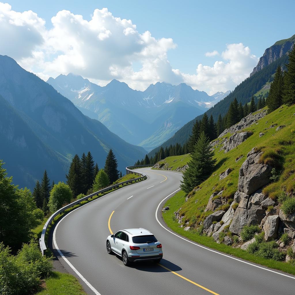 Auto fährt auf einer kurvenreichen Passstraße in den Alpen.