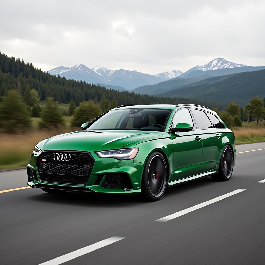 Ein Audi A6 Avant in Grün fährt durch eine malerische Landschaft.