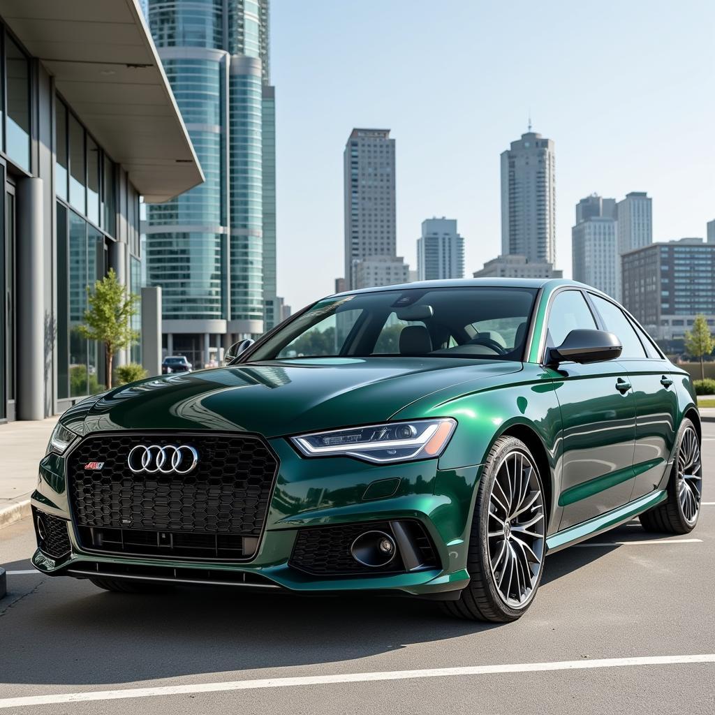 Audi A6 in einem tiefen Metallic-Grün, geparkt vor einer modernen Stadtkulisse.