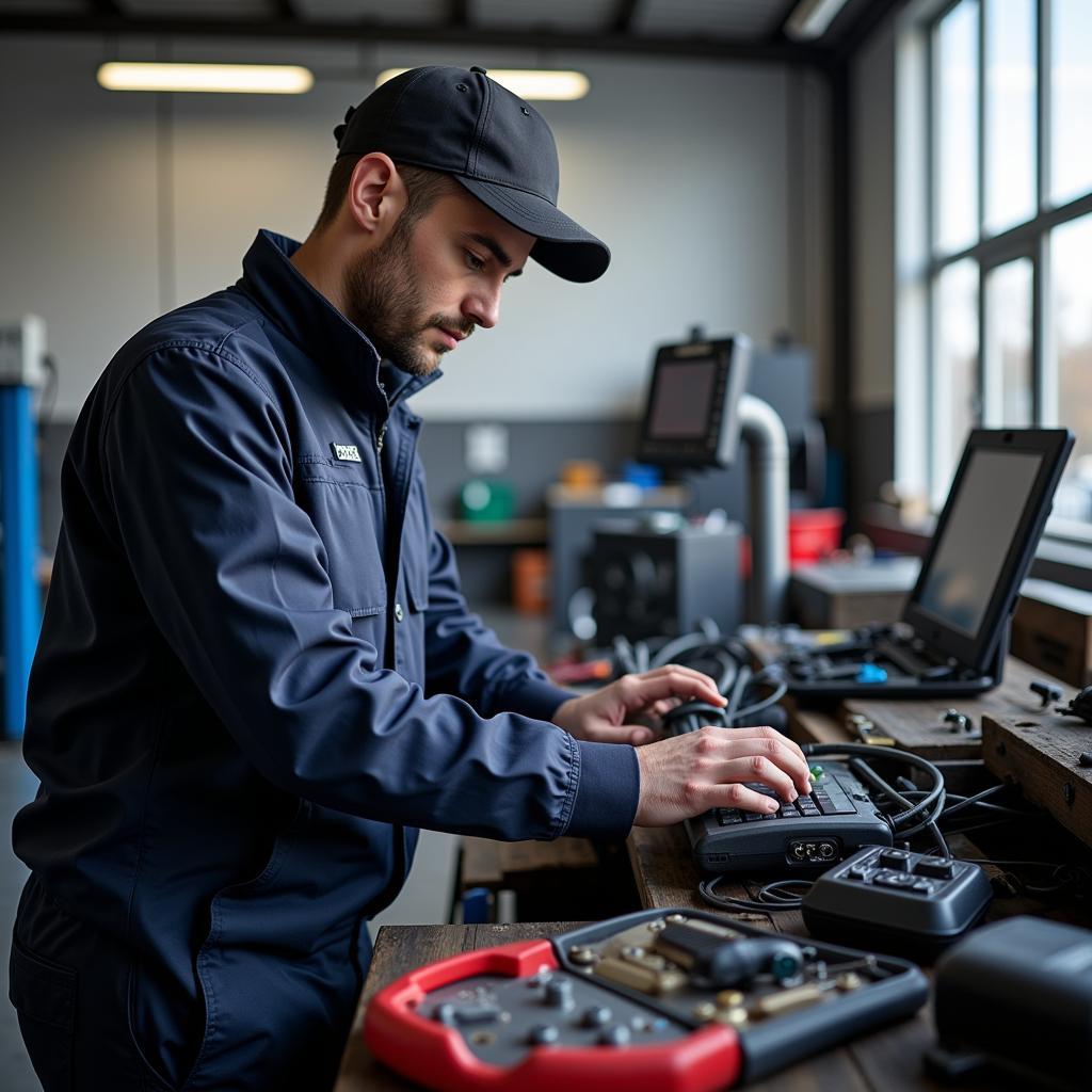 Ein erfahrener Automechaniker arbeitet in einer modernen Werkstatt in Prowin.