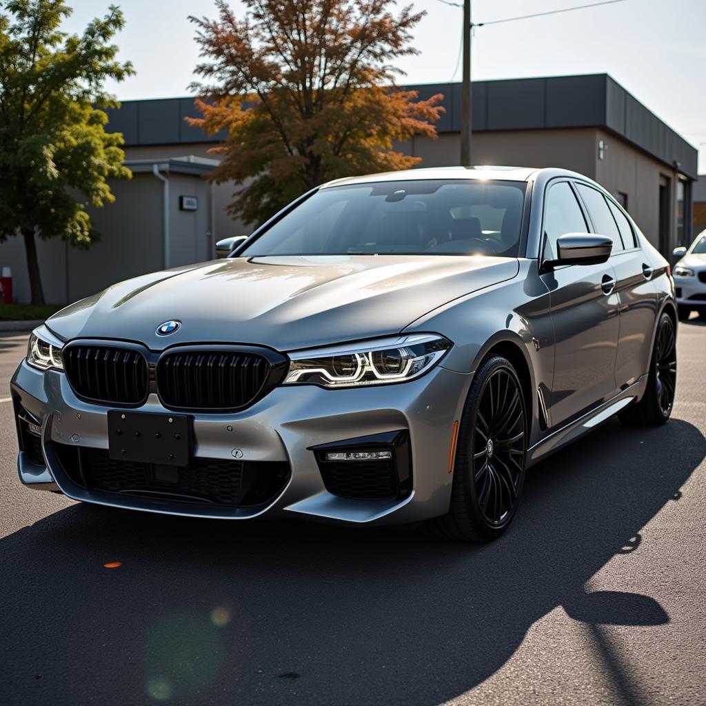 Ein BMW in Oxidgrau Metallic, der im Sonnenlicht glänzt und die reflektierenden Eigenschaften des Lacks hervorhebt.